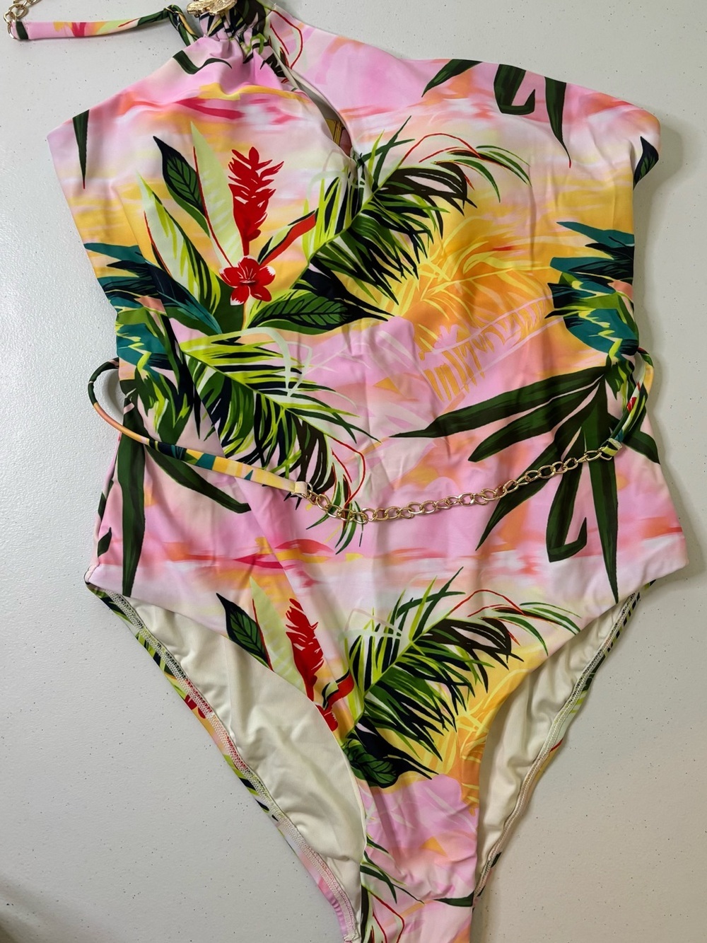 Fashion Nova Pink Tropical One-Piece Swimsuit with Gold Chain - Picture 5 of 6
